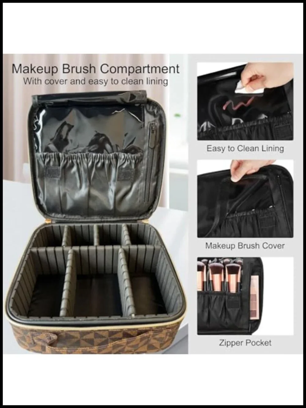 PU Leather Hard Shell Cosmetic Train Case with Brush Storage